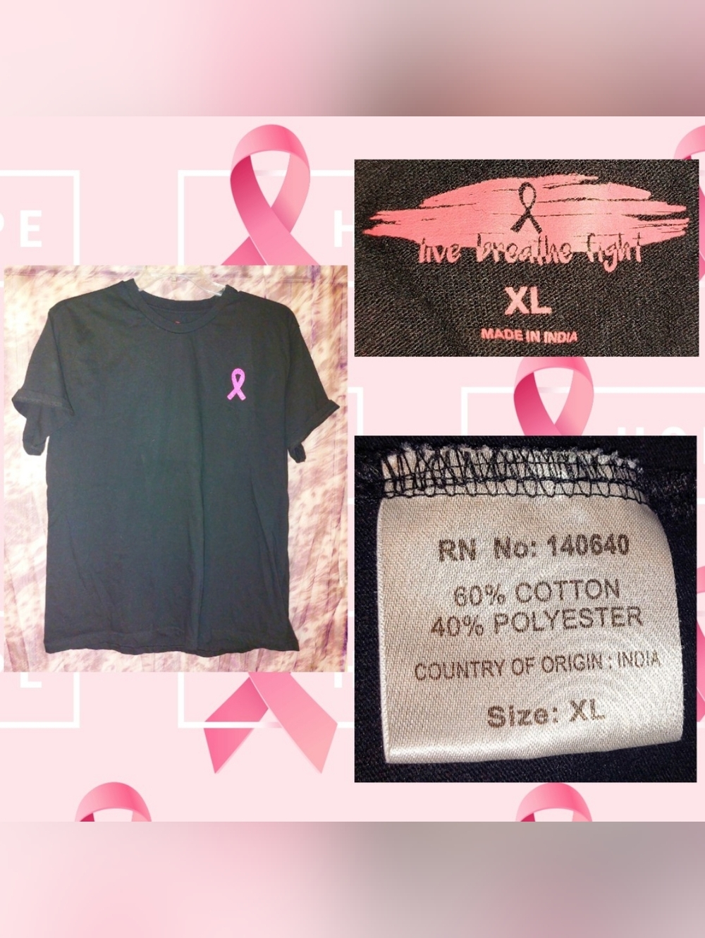 Live Breathe Fight Blk/Multiclr Breast Cancer Awareness US Flag Knit T-Shirt XL